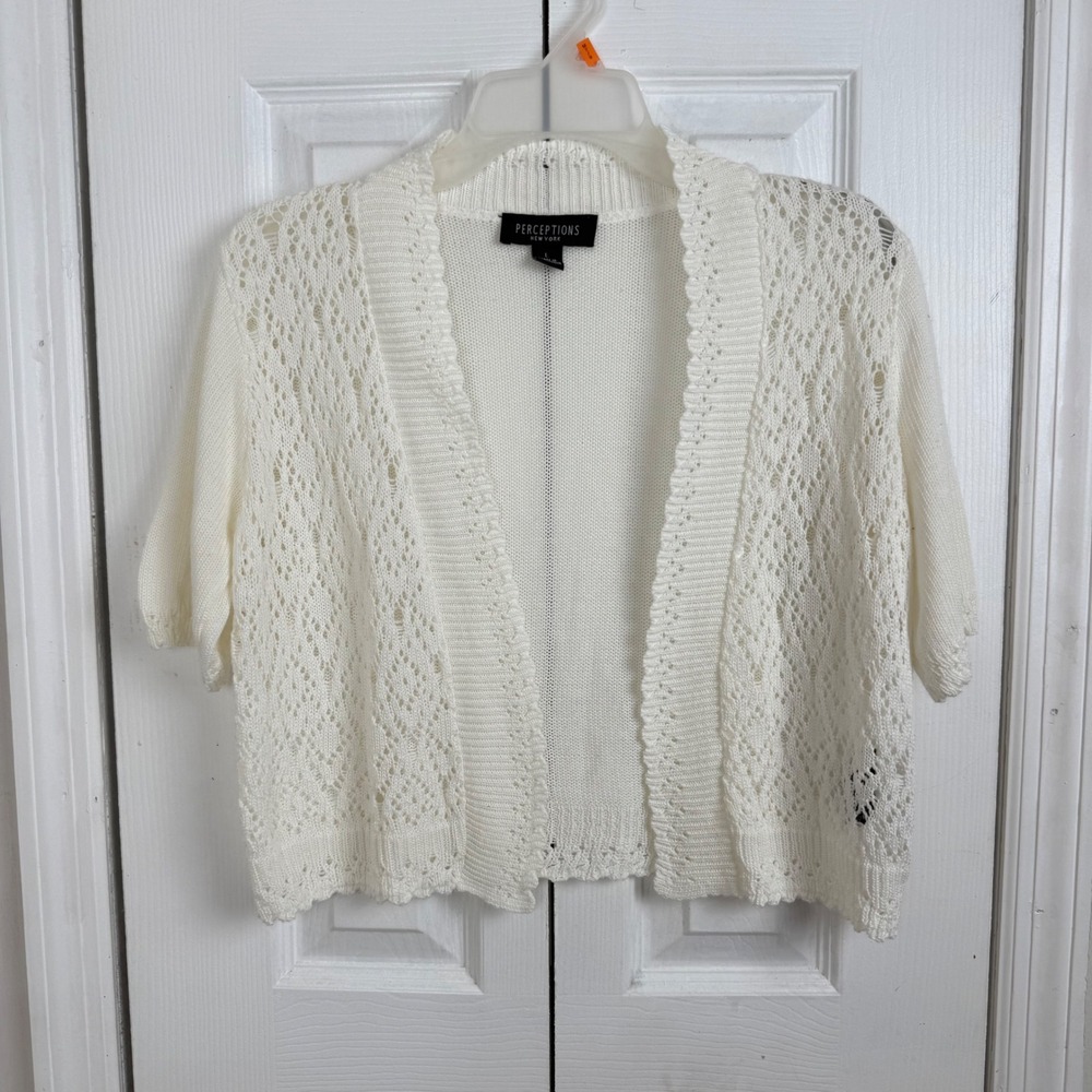 Perceptions New York Womens White Open Knit Pointelle Shrug Short Sleeve‎ Large